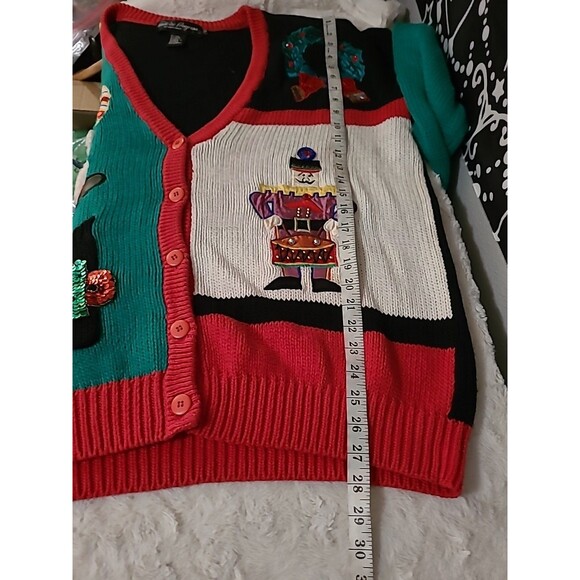 VTG Work In Progress Cardigan Sweater Knit Women Sz 2X Holiday Mistletoe Santa - Picture 11 of 12